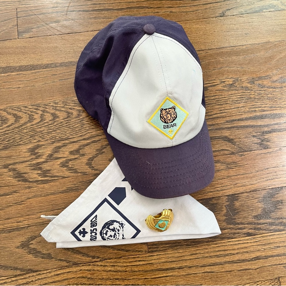 Cub scouts hat, neckerchief, and slide- BEAR